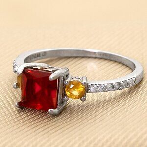 Vintage 925 Silver Ring with Red & Yellow CZ Stones, CZ Pave, Sz 7 Cocktail Ring